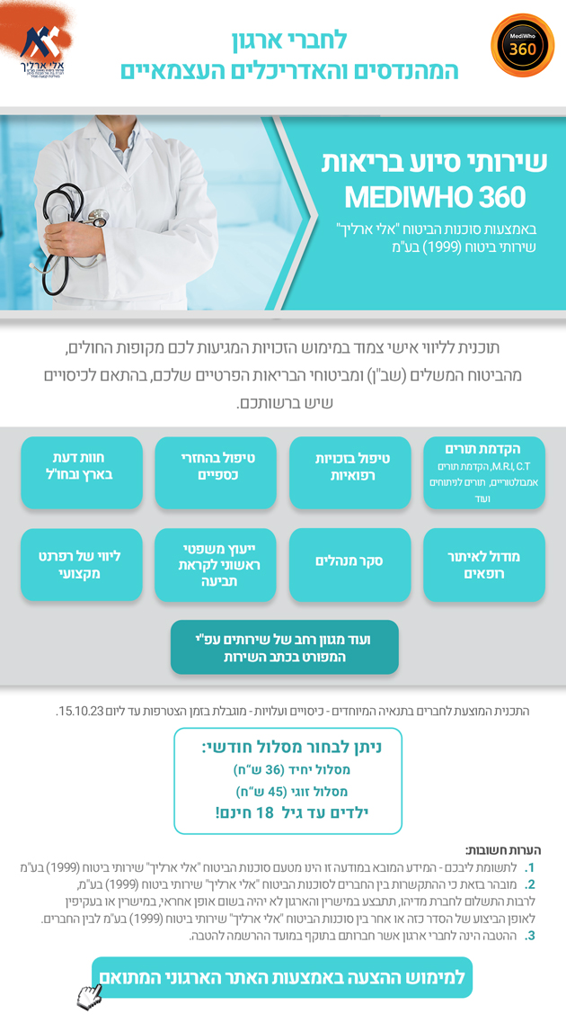הטבה ארגונית (כדאי לבחון) - שירותי סיוע בריאות 360 MEDIWHO (באמצעות סוכנות הביטוח "אלי ארליך" שירותי ביטוח (1999) בע"מ
